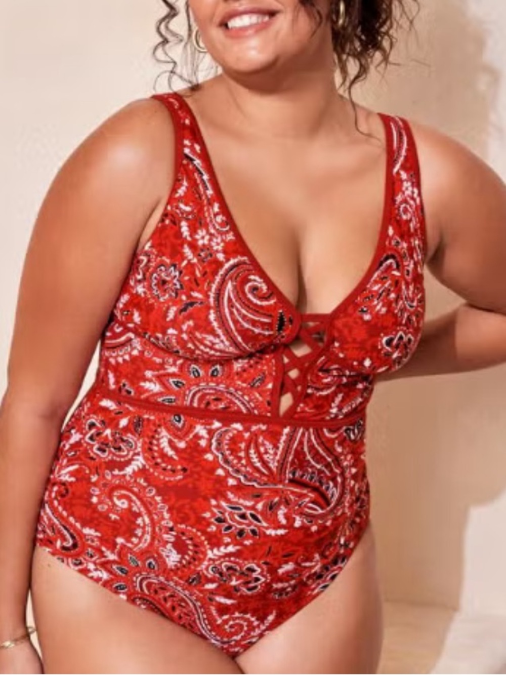 🚘 NWOT Red Paisley Lace-Up One-Piece Swimsuit - Women SIZE 3X